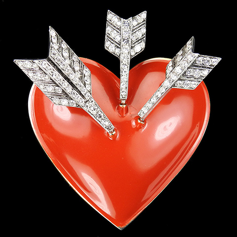 Giant Red Enamelled Heart Pierced by Three Pave Arrows Valentines Pin Clip