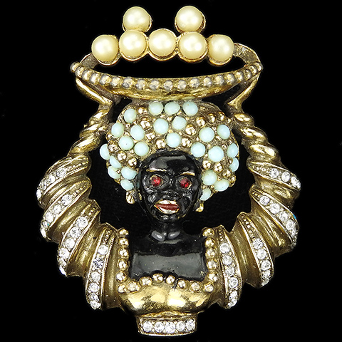 Gold Pave Black Enamel and Turquoise Cabochons Lady Blackamoor Carrying a Basket of Pearl Fruit Pin