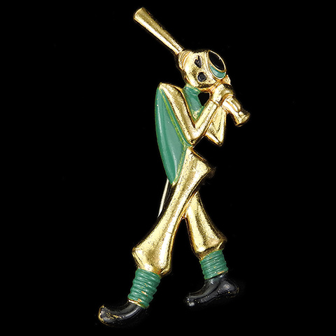 Deco Gold and Enamel Baseball Player Hitting a Home Run Pin