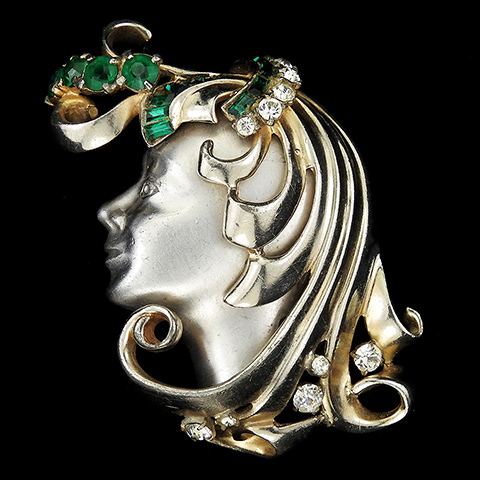 Deco Lady's Face in Profile with Flowing Golden Hair and Emerald Tiara Pin
