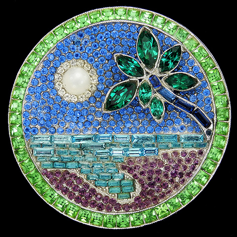 Deco Aquamarine Peridot Amethyst and Moonstone Sun on the Water with Emerald and Sapphire Palm Tree Circular Scene Pin