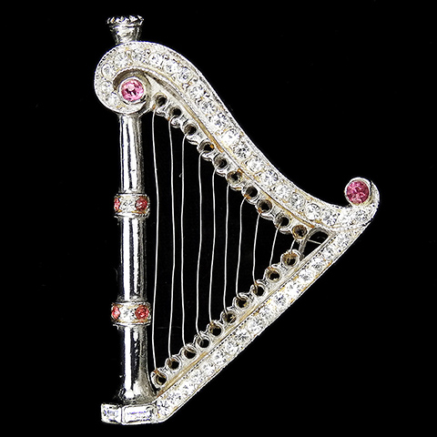 Pave Diamante Baguettes and Pink Topaz Stones Irish Harp Musical Instrument Pin