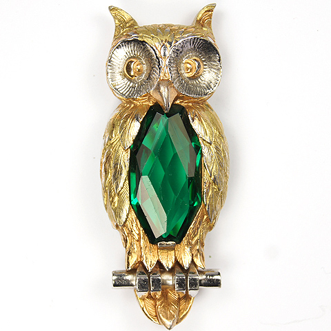 Reja (unsigned) Gold and Faceted Emerald Belly Owl Pin Clip