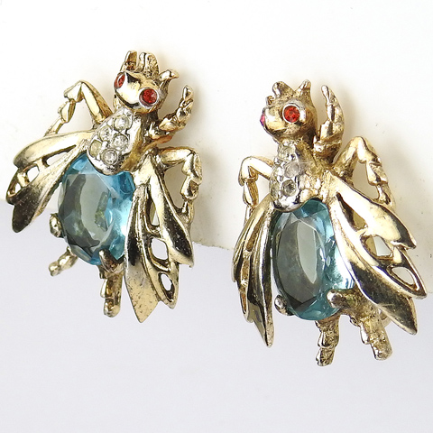 Reja Sterling Gold Pave and Aquamarine 'Busy Bee' Bug or Fly Screwback Earrings