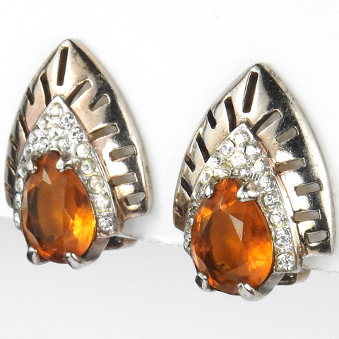 Reja Sterling Gold Openwork Pave and Citrine Gothic Arches Clip Earrings