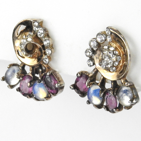 Reja Sterling Gold Pave Amethysts and Iridescent Cabochons Bow Swirl Clip Earrings