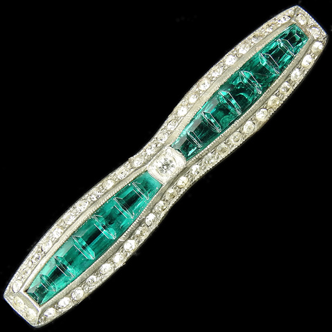 Reja (? unsigned) Deco Pave and Invisibly Set Emeralds Bar Pin