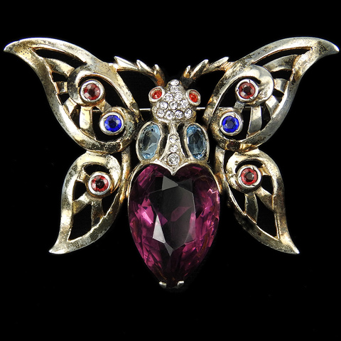 Reja Sterling Large Gold Amethyst Aquamarine Ruby and Sapphire Openwork Butterfly Pin