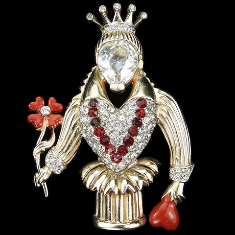 Reja (unsigned) Gold Pave and Enamel Queen of Hearts with Four Leaf Clover Pin Clip