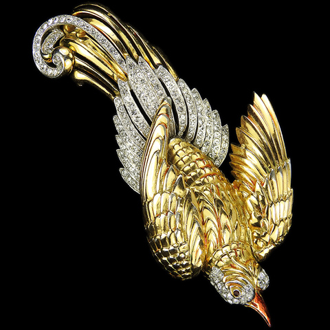 Reja Gold Pave and Metallic Enamel Giant Swooping Bird of Paradise Pin