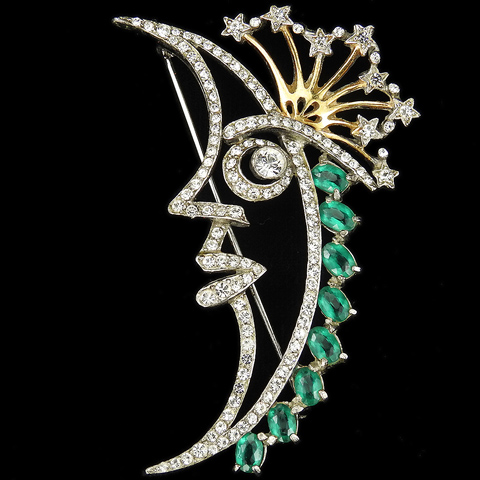 Reja (unsigned) Gold Pave and Emerald Man in the Moon Face in Profile with Exploding Comet Hair Pin