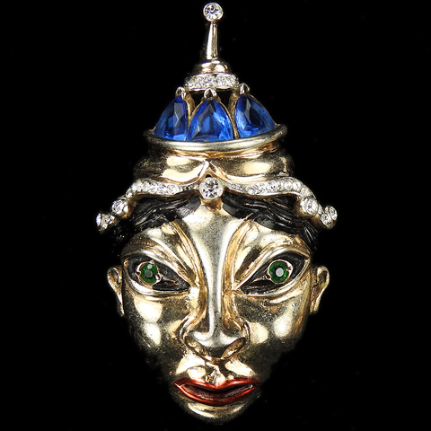 Reja Sterling Gold Pave Metallic Enamel and Sapphires 'Balinese Masks' King Face Mask Pin