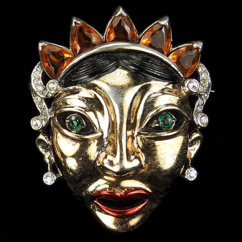 Reja Sterling Gold Pave Metallic Enamel and Citrines 'Balinese Masks' Queen Face Mask Pin