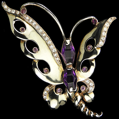 Reja Gold Pave and Kite Cut Amethysts Butterfly Pin