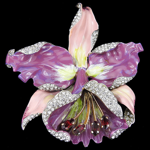 Deja Gold Pave and Enamel Orchid Flower Pin
