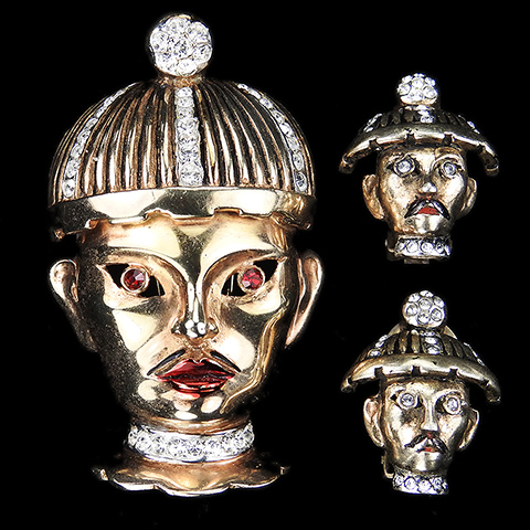 Reja Sterling Oriental Official with Moustache and Gold Hat Face Mask Pin Clip and Clip Earrings Set