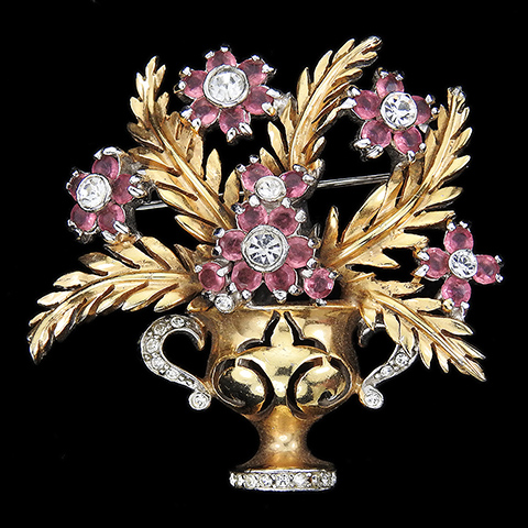 Reja Gold Leaves and Pink Topaz Flowers 'Gardenesque' Gold and Pave Urn Flower Pot or Basket Pin