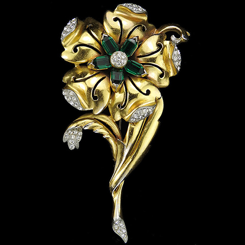 Reja Gold Openwork Pave and Emeralds Flower Pin