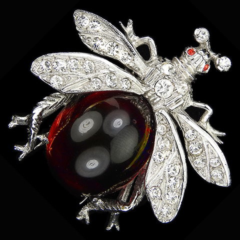 DeRosa Sterling Pave and Ruby Cabochon Bee Bug Pin Clip