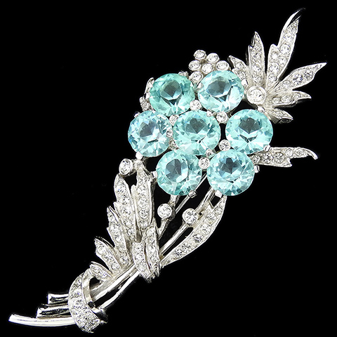 Reja Sterling Pave and Aquamarine Chatons Floral Spray Flower Pin