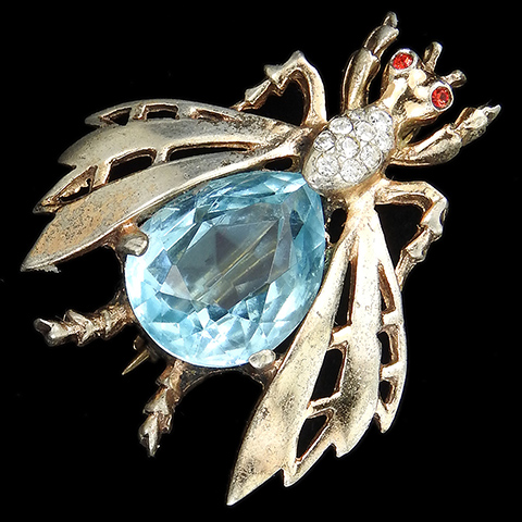 Reja Sterling Gold Pave and Aquamarine Small 'Busy Bee' Bug or Fly Pin