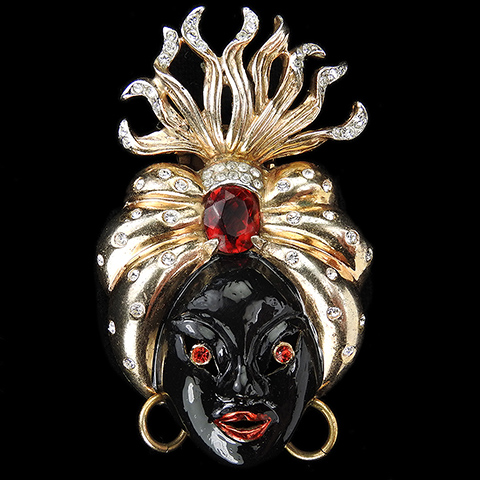 Reja Sterling Gold Pave and Enamel 'Africana' Large 'Witch Doctor' Blackamoor Man with Turban Pin Clip