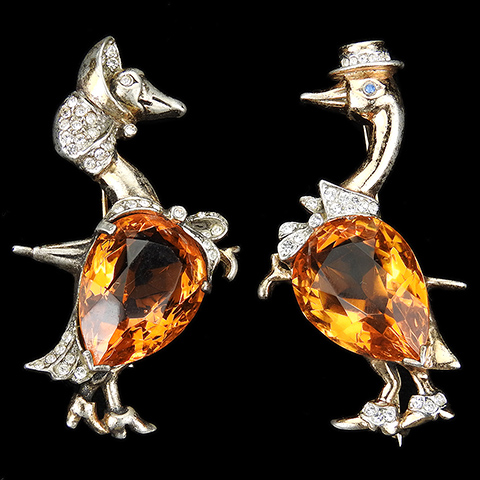 Reja Sterling Topaz Belly Miss Goose with Umbrella and Mr Gander with Top Hat and Stick Valentines Pair of Bird Pins