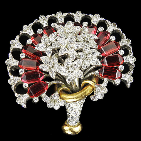Reja Gold Pave and Openwork Ruby Halo Flower Basket Pin