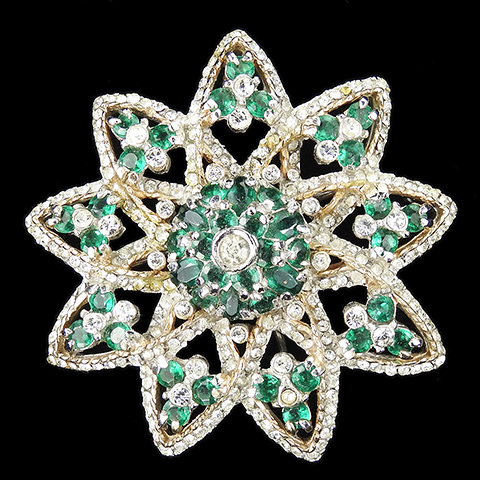 Reja Pave and Emerald Openwork Star Flower Pin or Pendant