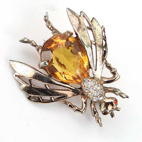 Reja Sterling Gold Pave and Citrine 'Busy Bee' Small Bug or Fly Pin