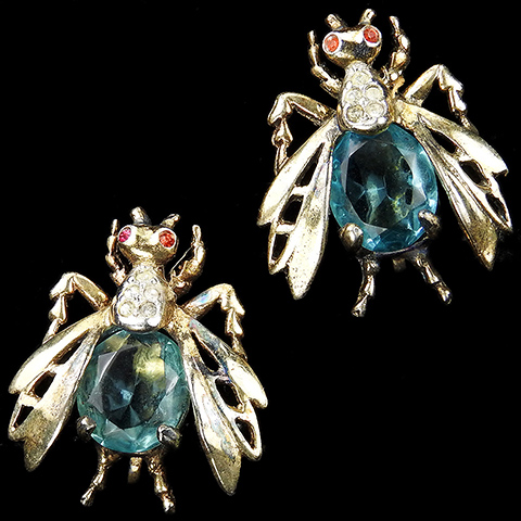 Reja Sterling Gold Pave and Aquamarine 'Busy Bee' Bug or Fly Screwback Earrings