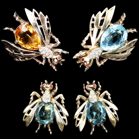Reja Sterling Gold Pave and Citrine 'Busy Bee' Two Small Bug or Fly Pins, Aqua and Citrine, and Aqua Screwback Earrings Set