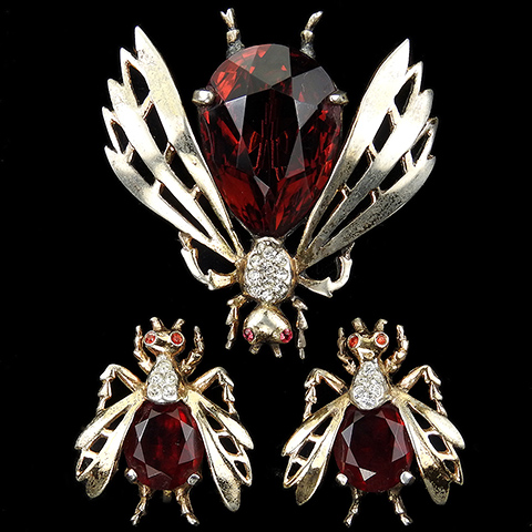 Reja Sterling Gold Pave and Ruby 'Busy Bee' Bug or Fly Large Pin and Screwback Earrings Set