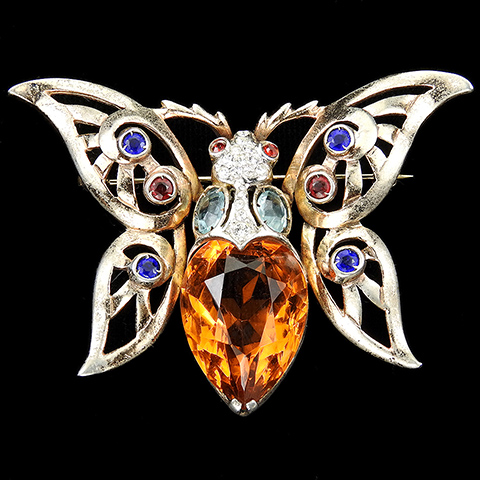 Reja Sterling Large Gold Pave Multicolour Stones and Heart Shaped Citrine Openwork Butterfly Pin