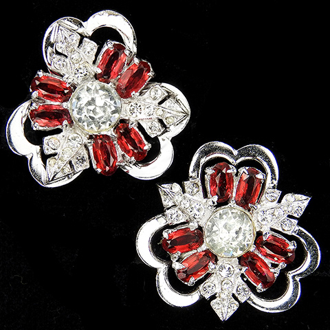 Reja Sterling Pave and Ruby Three Leaf Clover Floral Clip Earrings