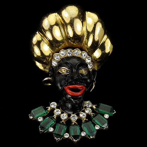 Reja Gold Diamante Spangles Emeralds and Enamel Blackamoor with Turban Headdress and Earrings Pin