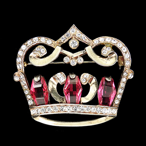 Reja Sterling Pave Openwork and Kite Cut Pink Topaz Royal Crown Pin