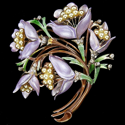 DeRosa Sterling Metallic Enamel and Pearls Five Passion Flowers Floral Spray Pin