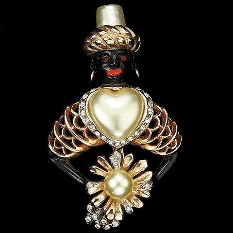Reja Gold Pave and Enamel Pearl Heart Blackamoor Presenting a Flower Garland Pin