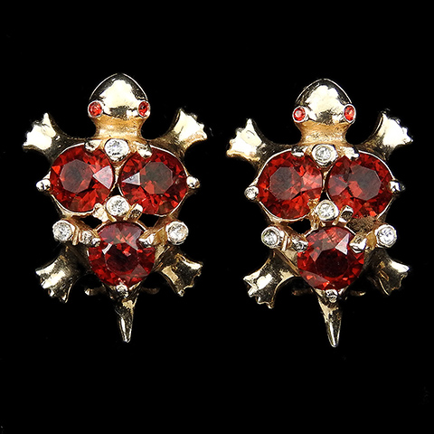 Reja Gold and Diamante Spangles Ruby Bellied Turtle Clip Earrings