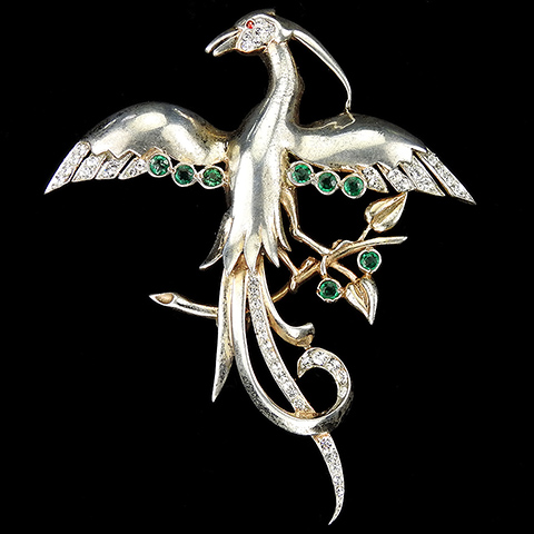 Reja Sterling Pave and Emeralds Phoenix Bird of Paradise on a Branch Pin
