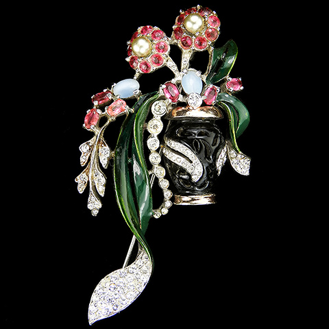 Reja Sterling 'Gardenesque' Gold Pave Pearls Black Enamel and Green Leaves Floral Spray in an Urn Flower Vase or Basket Pin