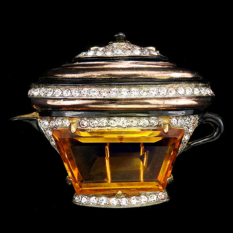 DeRosa Gold Pave Enamel and Rhombus Cut Citrine Coffee or Tea Pot Flower Urn or Basket Pin Clip