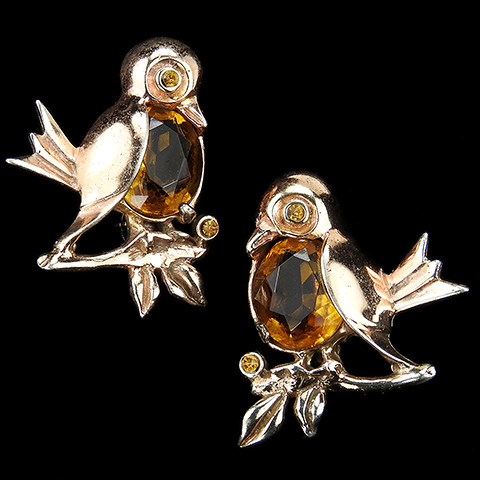 Reja Sterling (unsigned) Gold Citrine and Topaz Matched Pair of Birds on Branches Scatter Pins