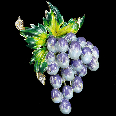 Reja Gold Pave and Enamel Grapes on Vine Fruit Pin Clip