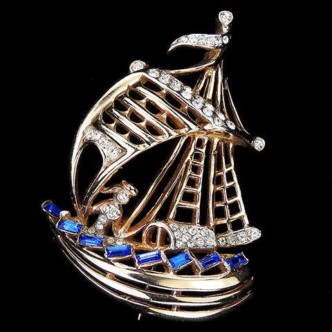 Reja Gold Openwork Pave and Sapphire Baguettes Sailboat Yacht with Girl or Mermaid in the Waves Pin