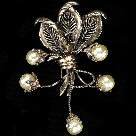 DeRosa Sterling Gold Pave Openwork Leaves and Pearls Five Trembler Snowberries Fruit Pin Clip