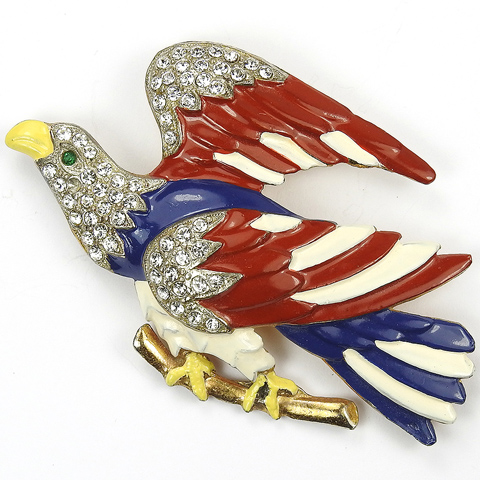 WW2 US Patriotic Gold Pave and Enamel Red White and Blue Eagle on Branch Bird Pin