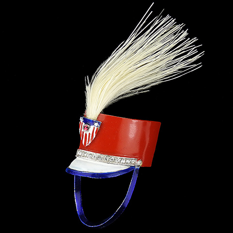 Coro 'Marion Weeber' WW2 US Patriotic Red White and Blue American Army Bandsman Helmet with Stars and Stripes Crest and Feather Plume Pin