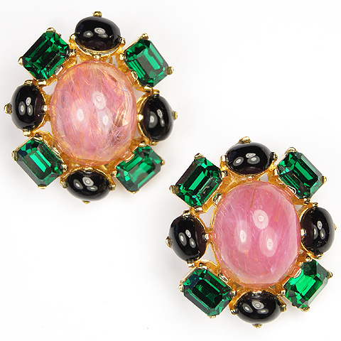 Ciner Gold Pink Topaz Onyx and Emerald Oval Button Clip Earrings